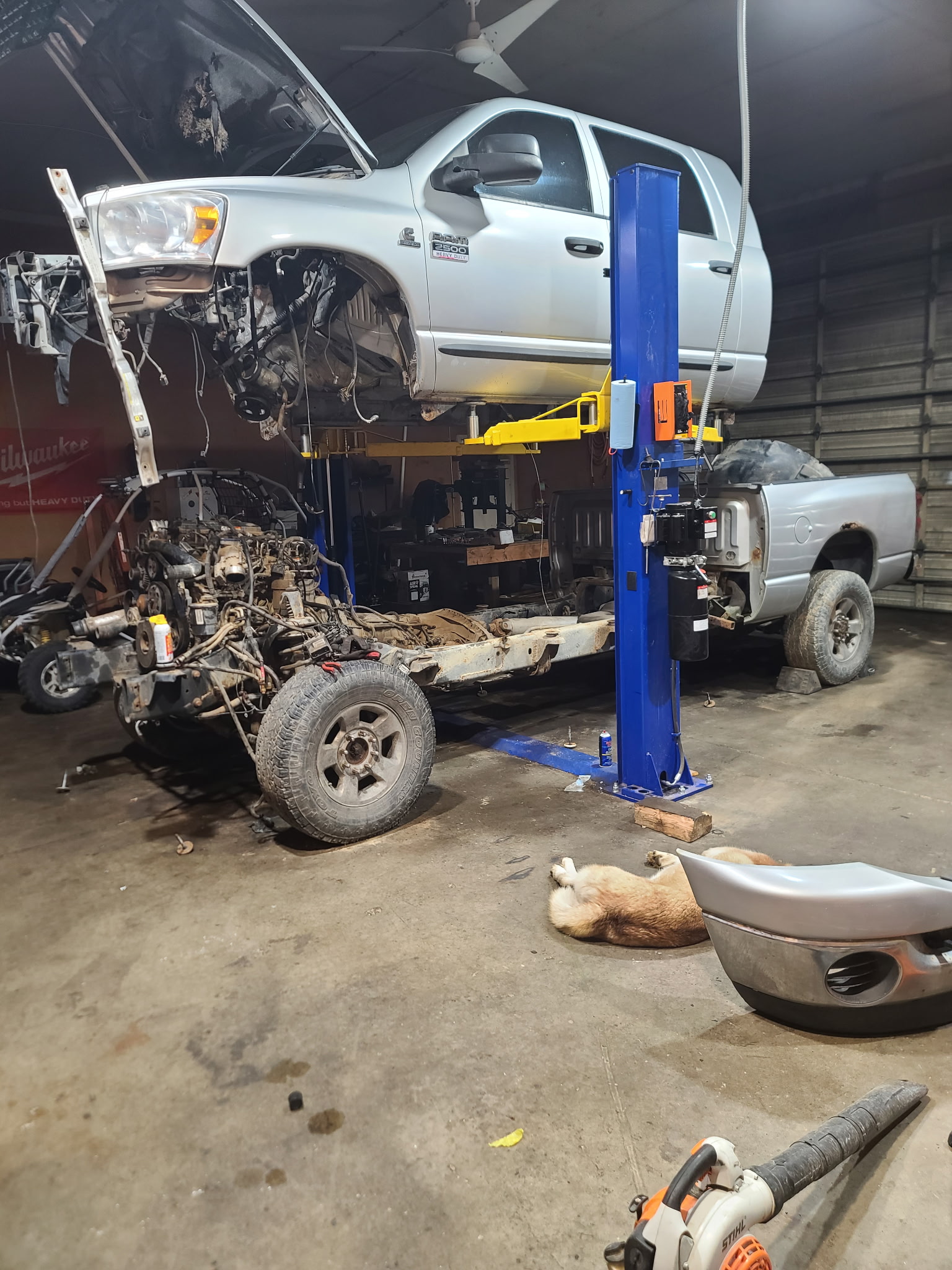 Dodge Ram 2500 body-off frame repair on lift